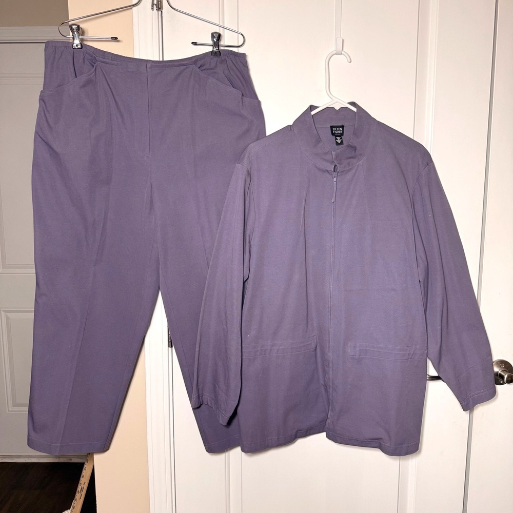 Eileen Fisher Jacket & Pants Set Purple Mock Neck Zip Front Minimalist Size XL